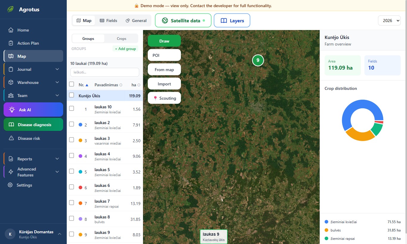 Agrotus satellite map with field list and crop distribution